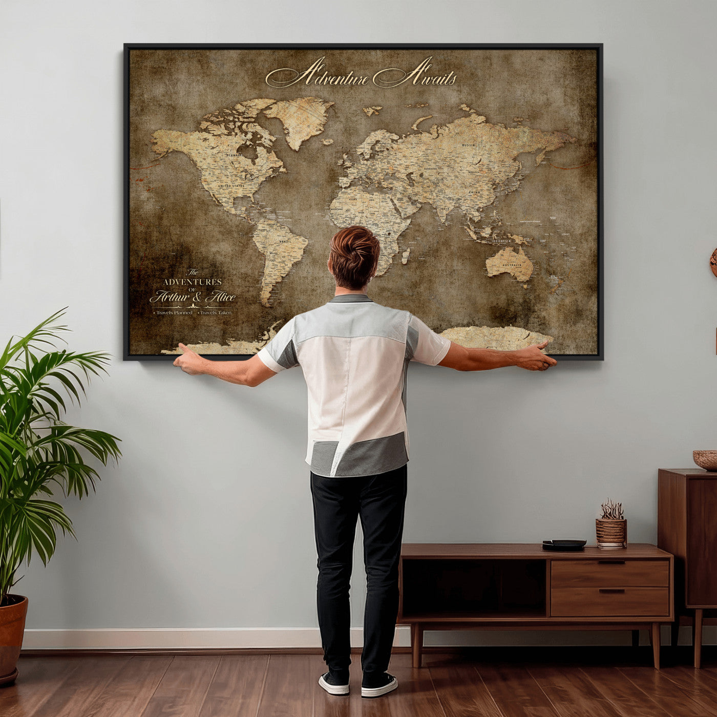 61836190-MGV-CV-36X24 - Custom Push Pin World Map Wall Art Canvas Print – Personalized Travel Tracker with Pins Framed Large for Home and Office Decor