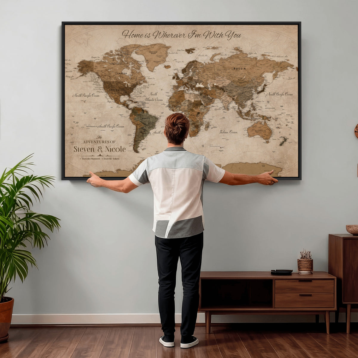 67360040-MGV-CV-36X24 - Personalized Framed Navy Geometric World Map Canvas with Push Pins, Couples Countries Visited Map, Living Room and Hallway Decor