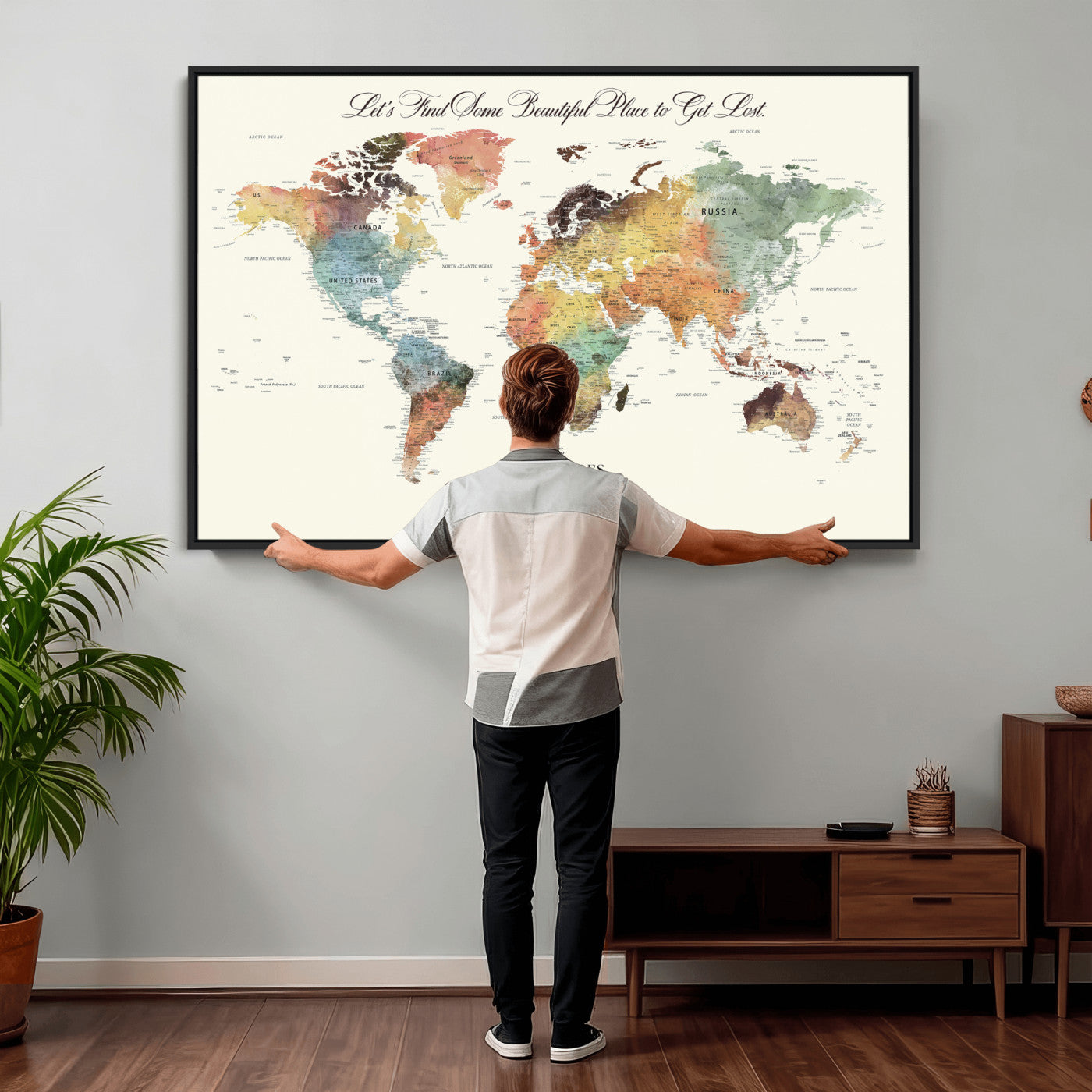 73360781-MGV-CV-36X24 - Custom Push Pin World Map Wall Art Canvas Print – Personalized Travel Tracker with Pins Framed Large for Home and Office Decor