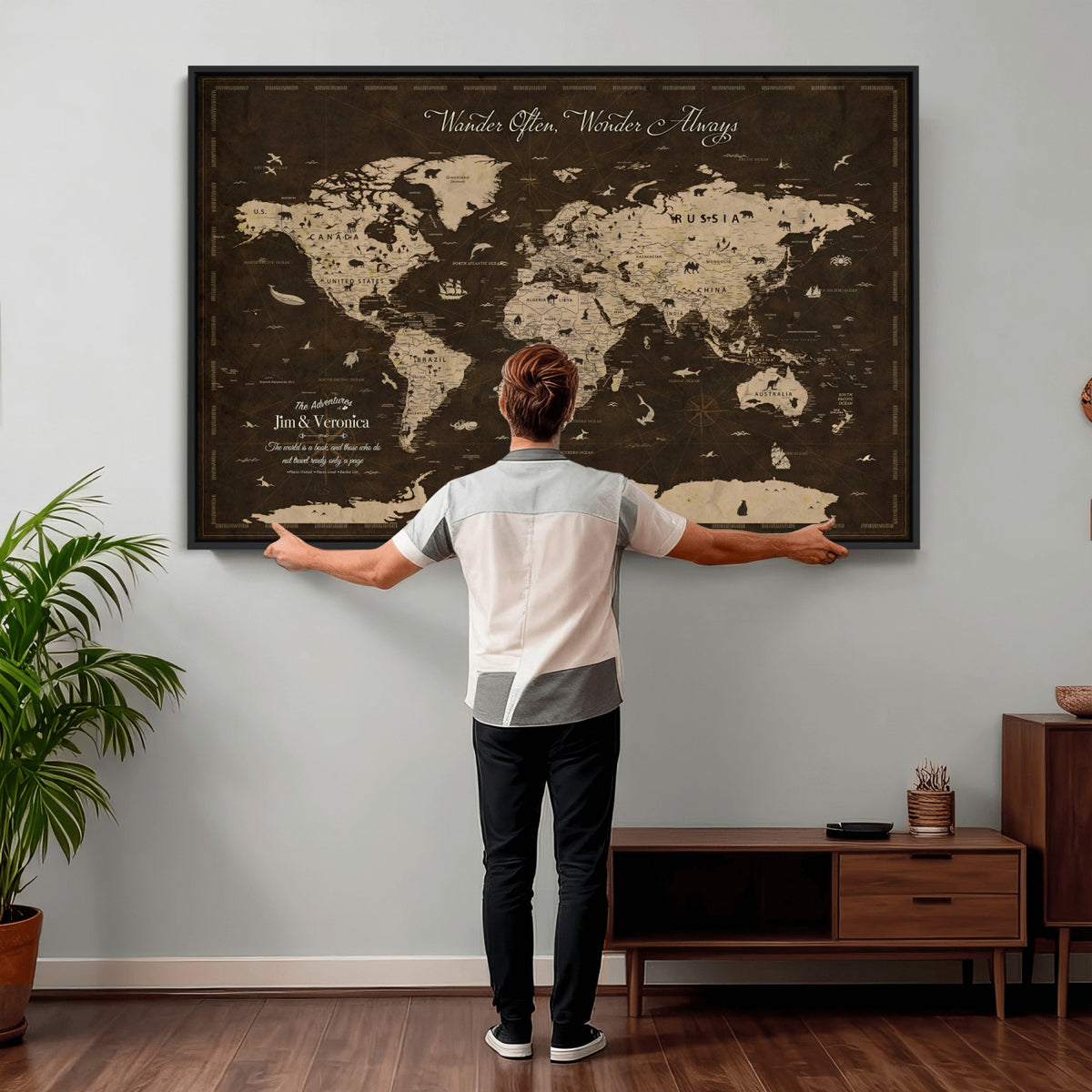 20091587-MGV-CV-36X24 - Custom Push Pin World Map Wall Art Canvas Print | Personalized Travel Tracker with Pins Framed Large for Home and Office Decor