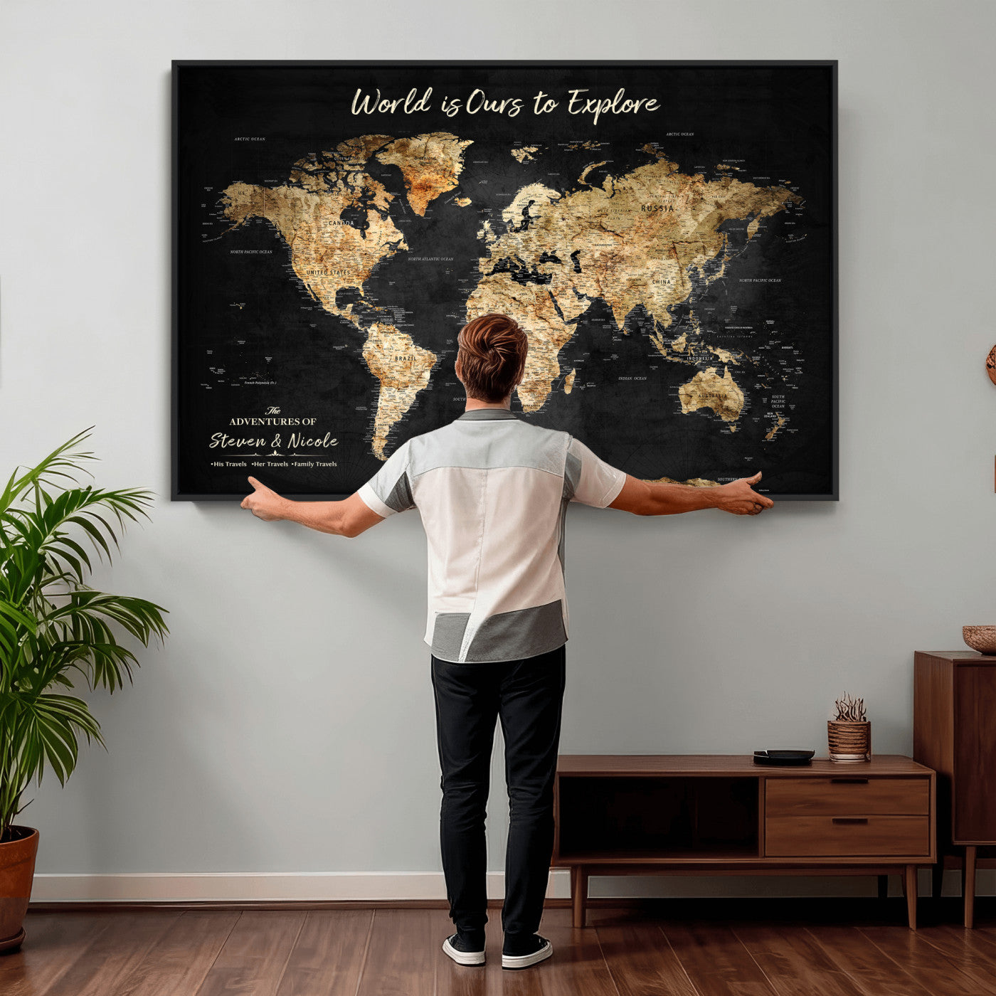 73732636-MGV-CV-36X24 - Custom Push Pin World Map Wall Art Canvas Print – Personalized Travel Tracker with Pins Framed Large for Home and Office Decor