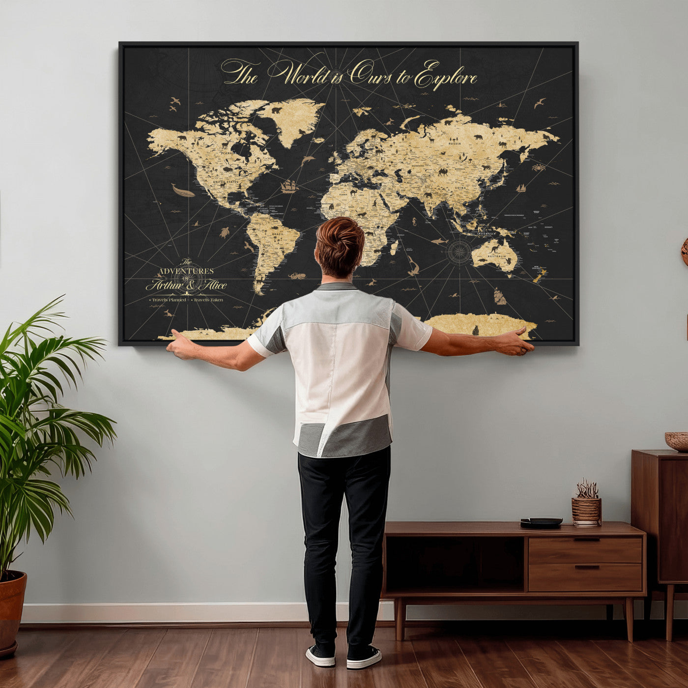 54097664-MGV-CV-36X24 - Custom Push Pin World Map Wall Art Canvas Print – Personalized Travel Tracker with Pins Framed Large for Home and Office Decor