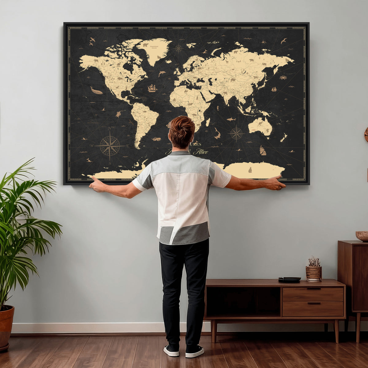 23208482-MGV-CV-36X24 - Custom Push Pin World Map Wall Art Canvas Print | Personalized Travel Tracker with Pins Framed Large for Home and Office Decor