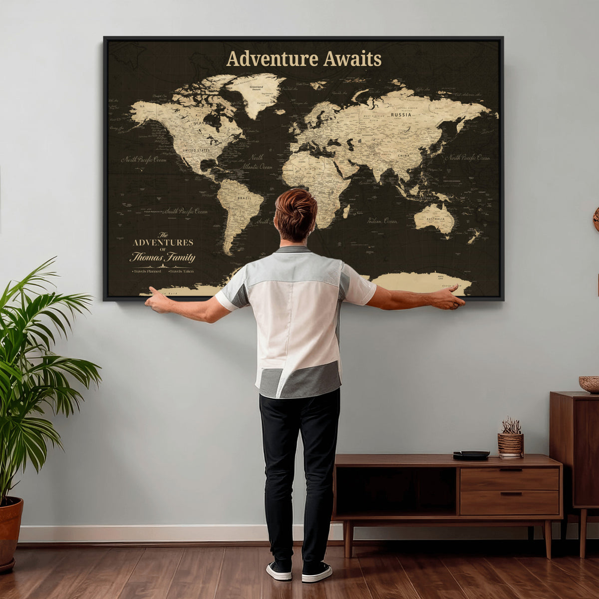 47597338-MGV-CV-36X24 - Custom Push Pin World Map Wall Art Canvas Print | Personalized Travel Tracker with Pins Framed Large for Home and Office Decor