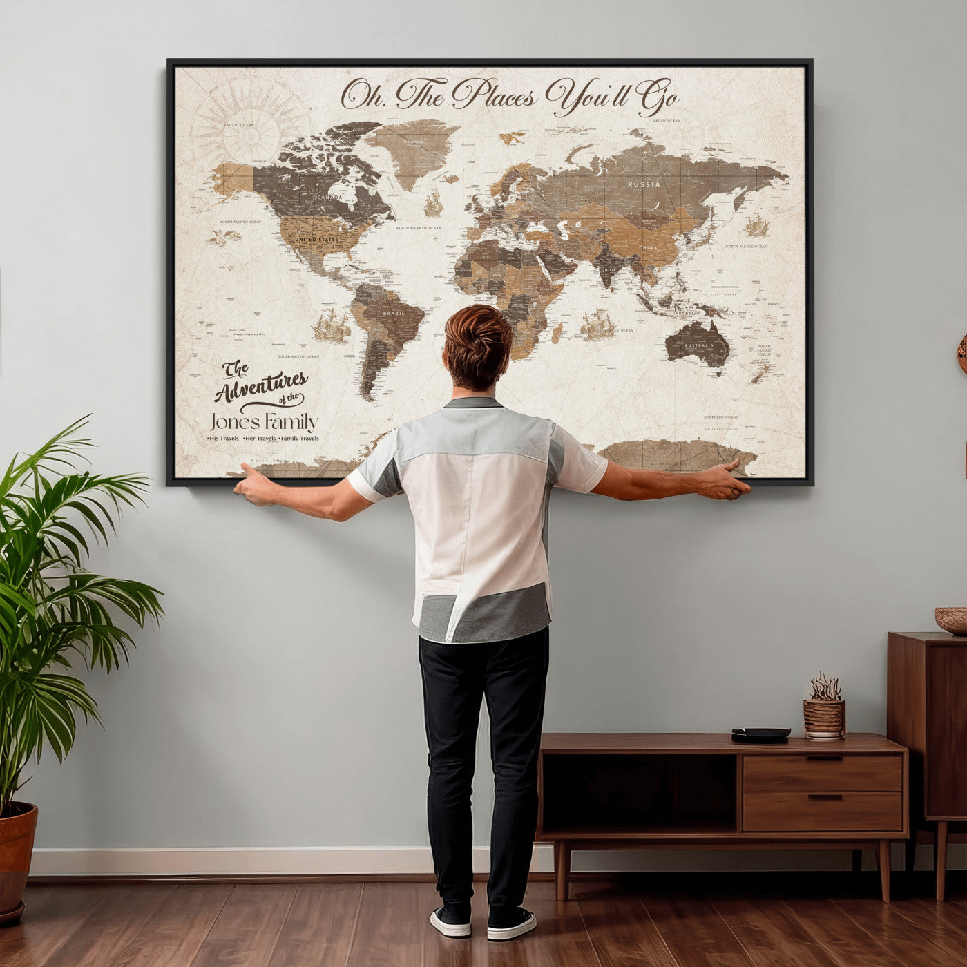 99085321-MGV-CV-36X24 - Custom Push Pin World Map Wall Art Canvas Print – Personalized Travel Tracker with Pins Framed Large for Home and Office Decor
