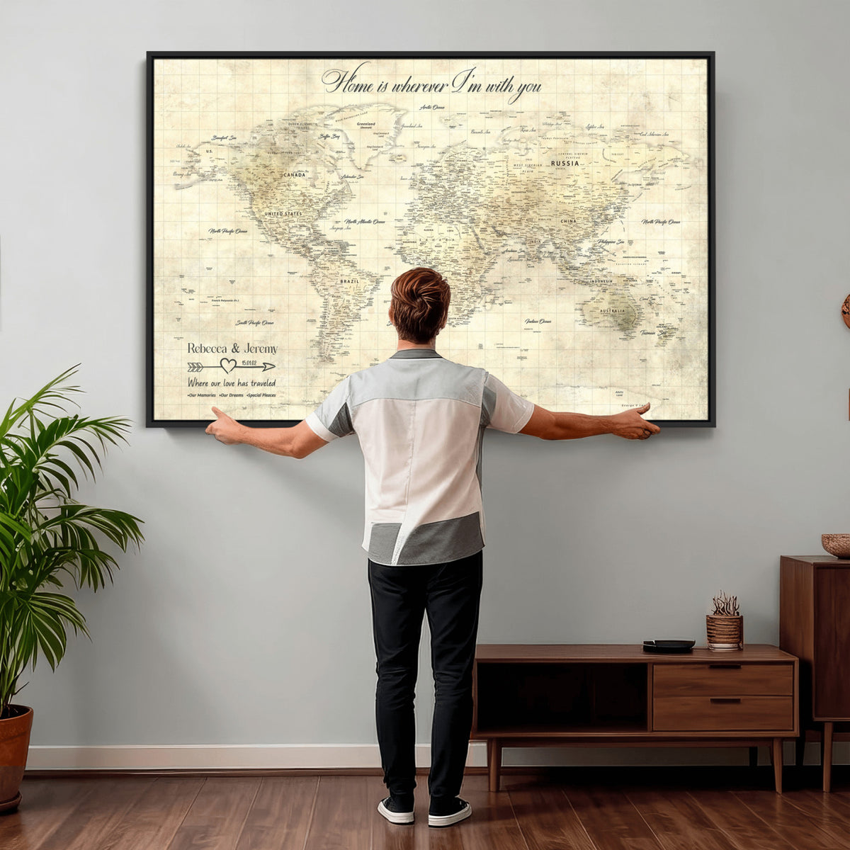 30705590-MGV-CV-36X24 - Custom Push Pin World Map Wall Art Canvas Print | Personalized Travel Tracker with Pins Framed Large for Home and Office Decor