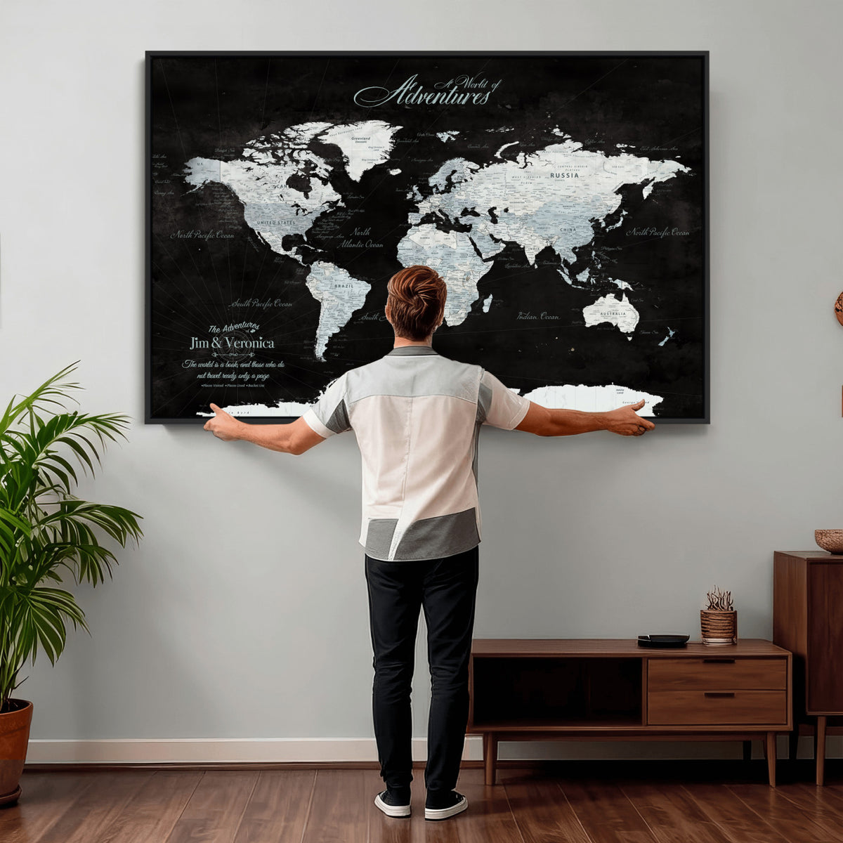 67491071-MGV-CV-36X24 - Custom Beige World Travel Map Wall Art with Pins, Places Visited Tracker, Bedroom and Home Office Decor