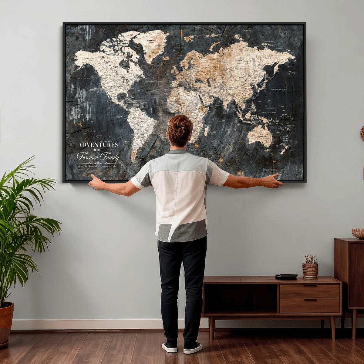 77865338-MGV-CV-36X24 - Personalized Framed Beige Push Pin World Map Canvas Print, Bucket List Map, Living Room and Hallway Decor