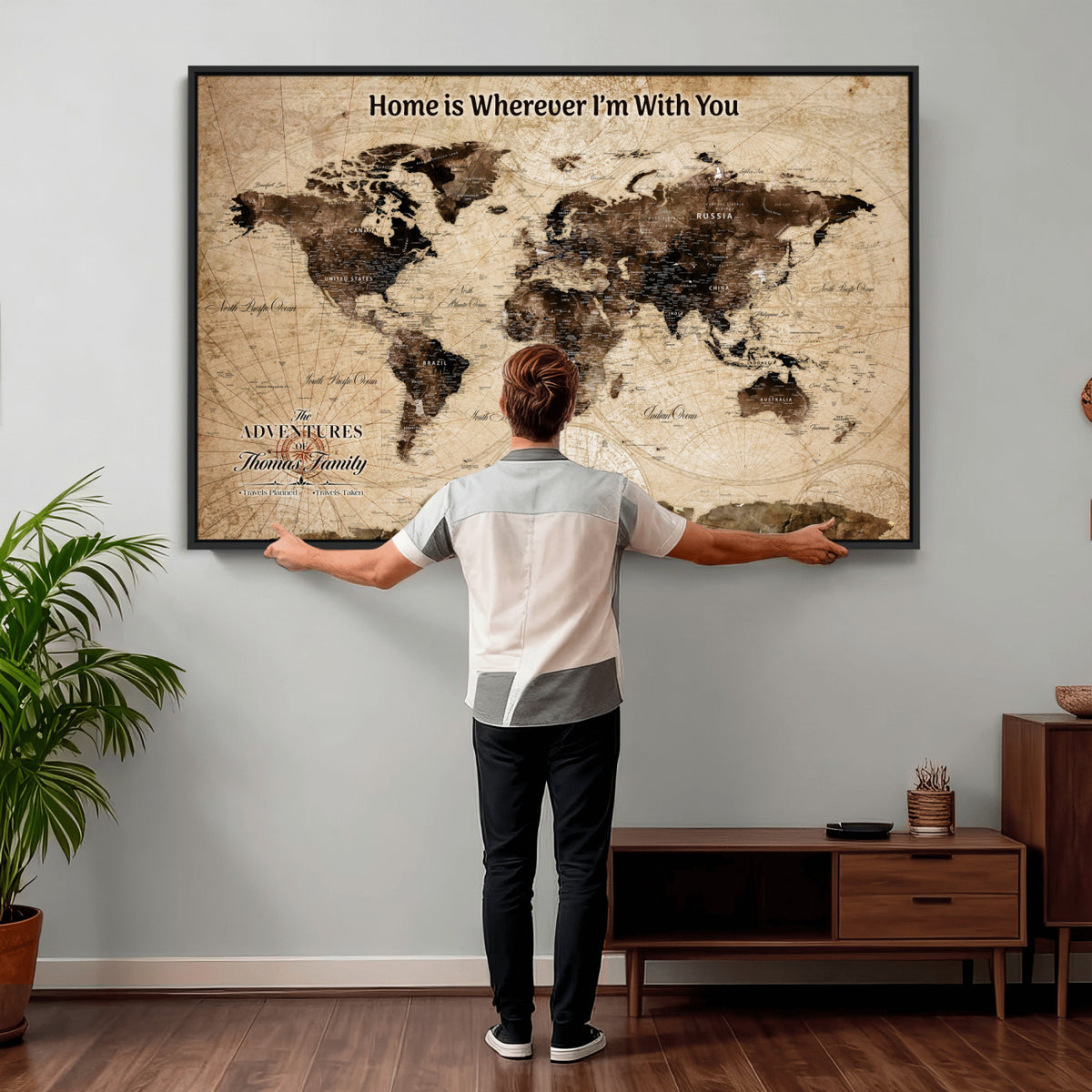 74771891-MGV-CV-36X24 - Personalized Framed Beige Modern World Travel Map Wall Art with Pins, Family Adventure Map, Living Room and Hallway Decor