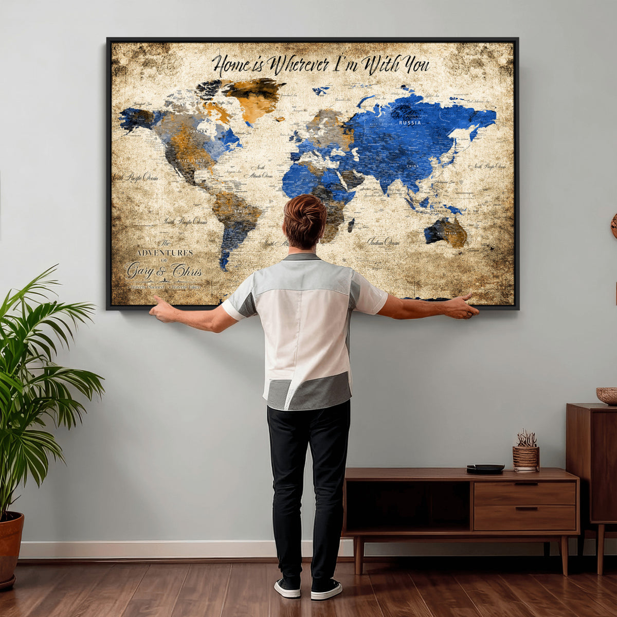13332533-MGV-CV-36X24 - Personalized Framed Beige World Map Canvas with Push Pins, Honeymoon and Anniversary Gift, Living Room and Home Office Decor