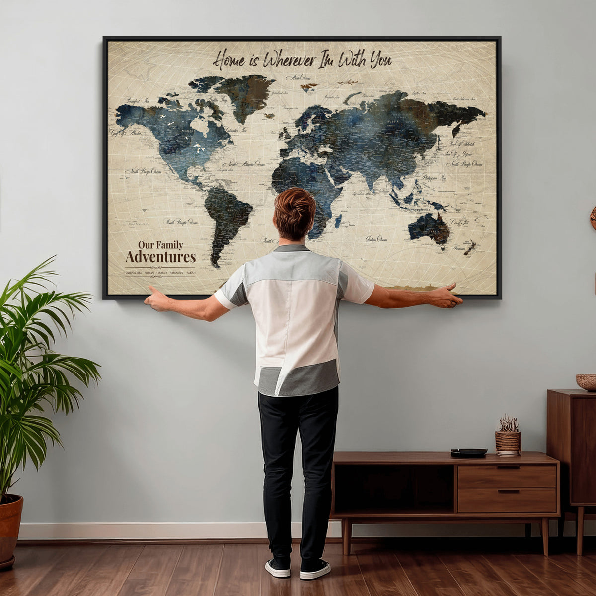 51383535-MGV-CV-36X24 - Personalized Framed Black Modern Push Pin Travel Map Canvas Print, Family Travel Tracker, Home Office and Entryway Decor