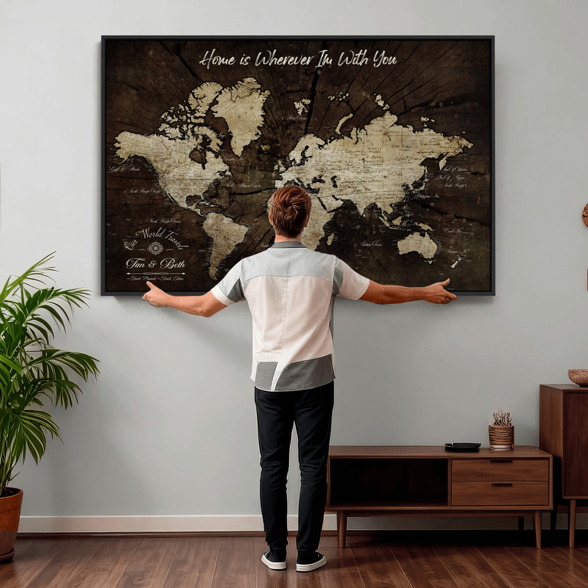 46573259-MGV-CV-36X24 - Personalized Watercolor Push Pin World Map Canvas Wall Art, Custom Framed Travel Map - NEWMAP-094