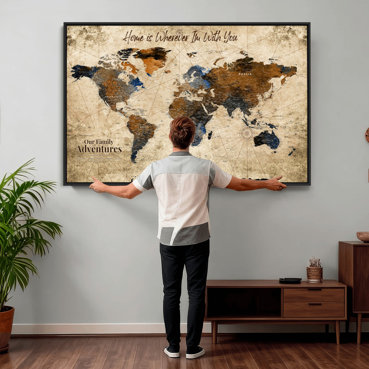 17548029-MGV-CV-36X24 - Personalized Framed Beige Modern Push Pin World Map Canvas Print, Bucket List Map, Home Office and Study Decor