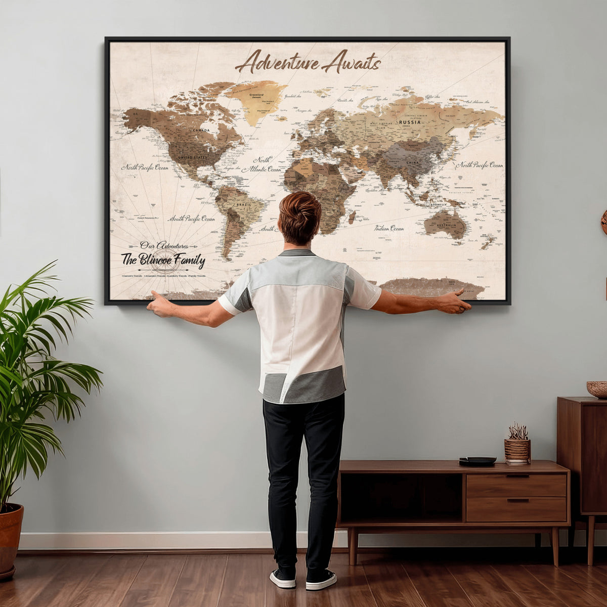 64110351-MGV-CV-36X24 - Personalized Framed White Modern Push Pin Travel Map Canvas Print, Bucket List Map, Dining Room and Study Decor