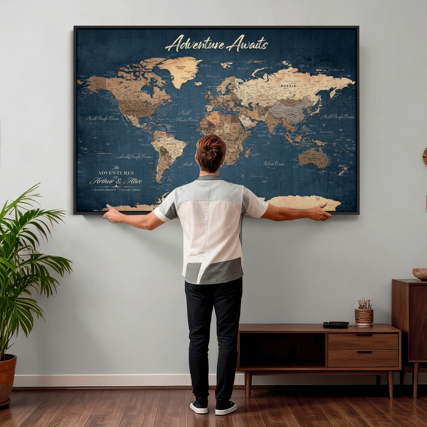64110391-MGV-CV-36X24 - Custom Push Pin World Map Wall Art Canvas Print – Personalized Travel Tracker with Pins Framed Large for Home and Office Decor