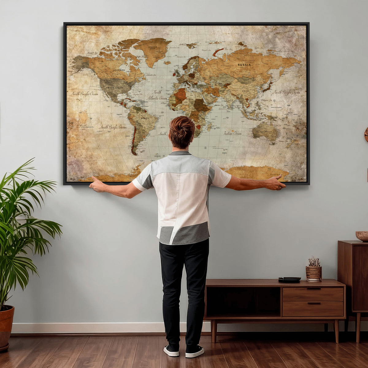 74176056-MGV-CV-36X24 - World Map Wall Art Canvas Print, Modern Decorative Framed Map Artwork Prints for Living Room, Office, Bedroom Wall Decor