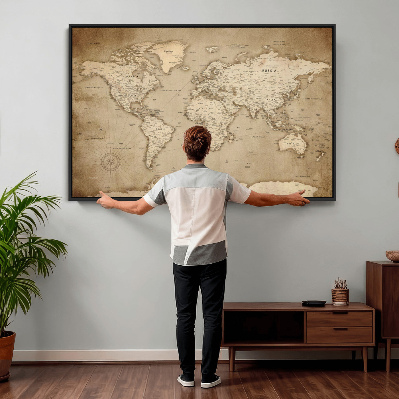 34795134-MGV-CV-36X24 - World Map Wall Art Canvas Print, Modern Decorative Framed Map Artwork Prints for Living Room, Office, Bedroom Wall Decor