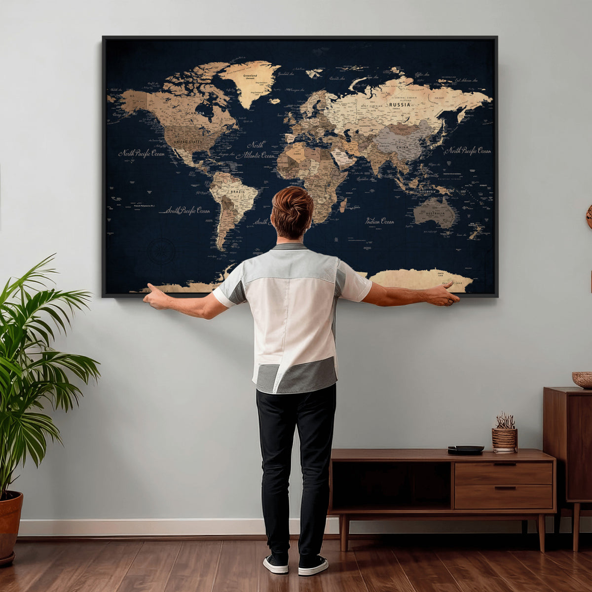 53971530-MGV-CV-36X24 - World Map Wall Art Canvas Print, Modern Decorative Framed Map Artwork Prints for Living Room, Office, Bedroom Wall Decor