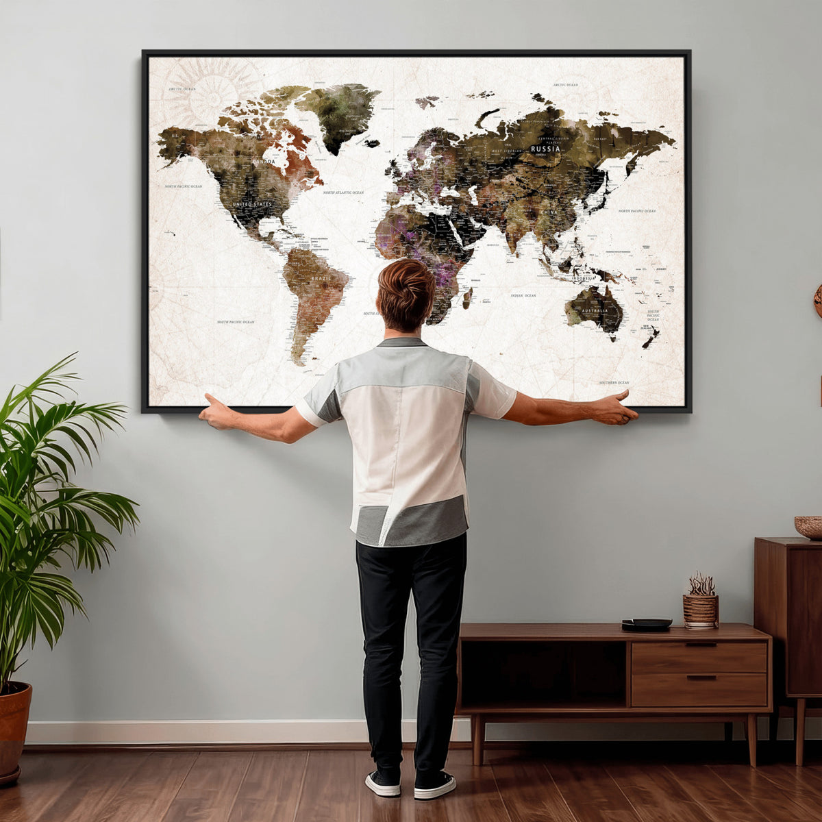 77651968-MGV-CV-36X24 - Watercolor World Map Print - Large Wall Art Canvas Print for