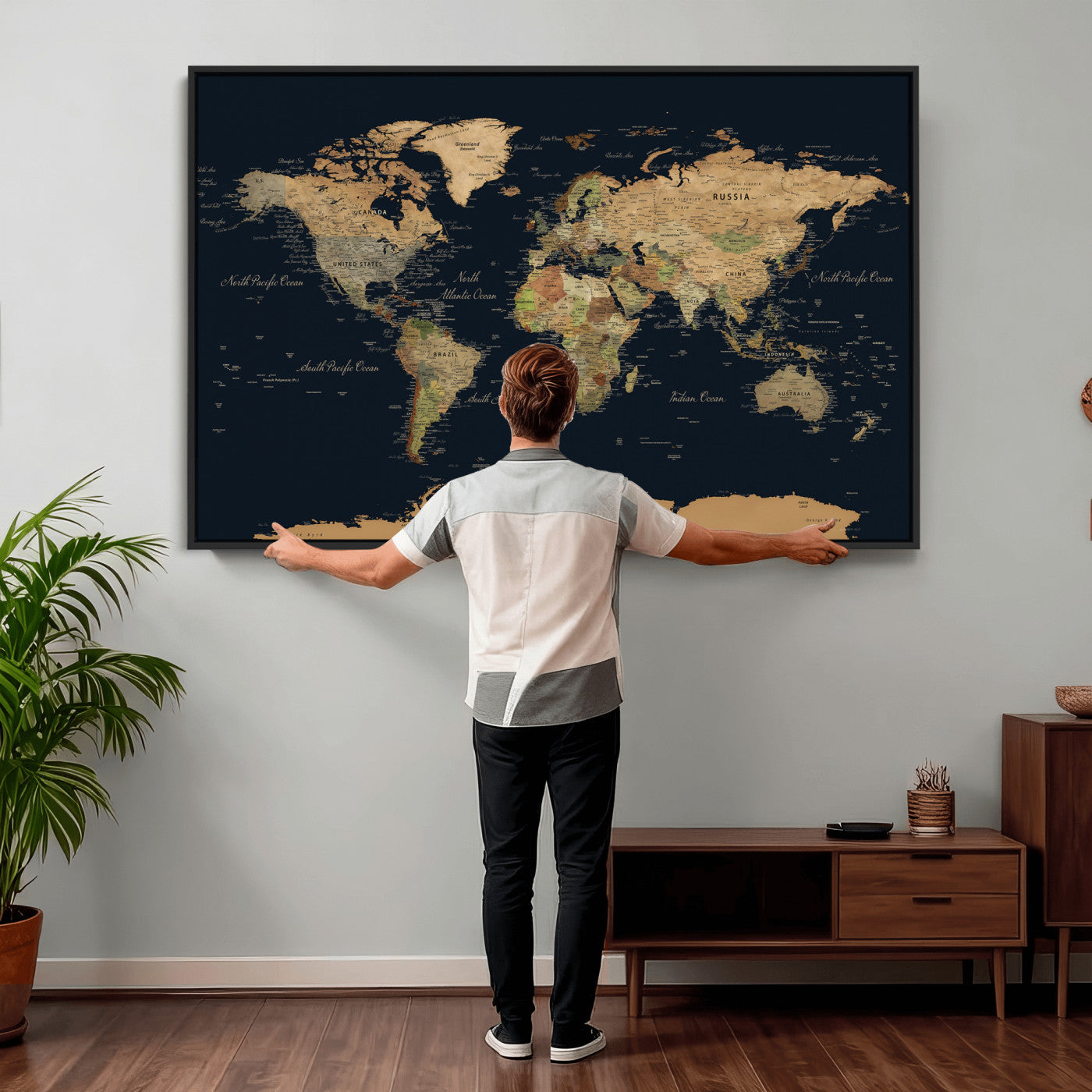 94449133-MGV-CV-36X24 - World Map Wall Art Canvas Print, Modern Decorative Framed Map Artwork Prints for Living Room, Office, Bedroom Wall Decor
