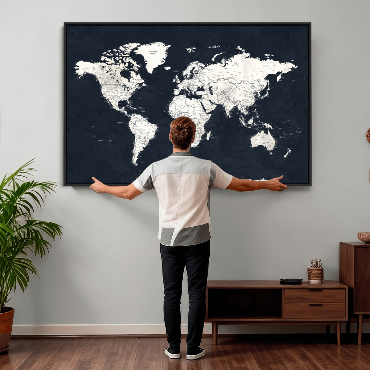 11963807-MGV-CV-36X24 - Black World Map Wall Art Canvas Print for Home Office and Meeting Room Decor