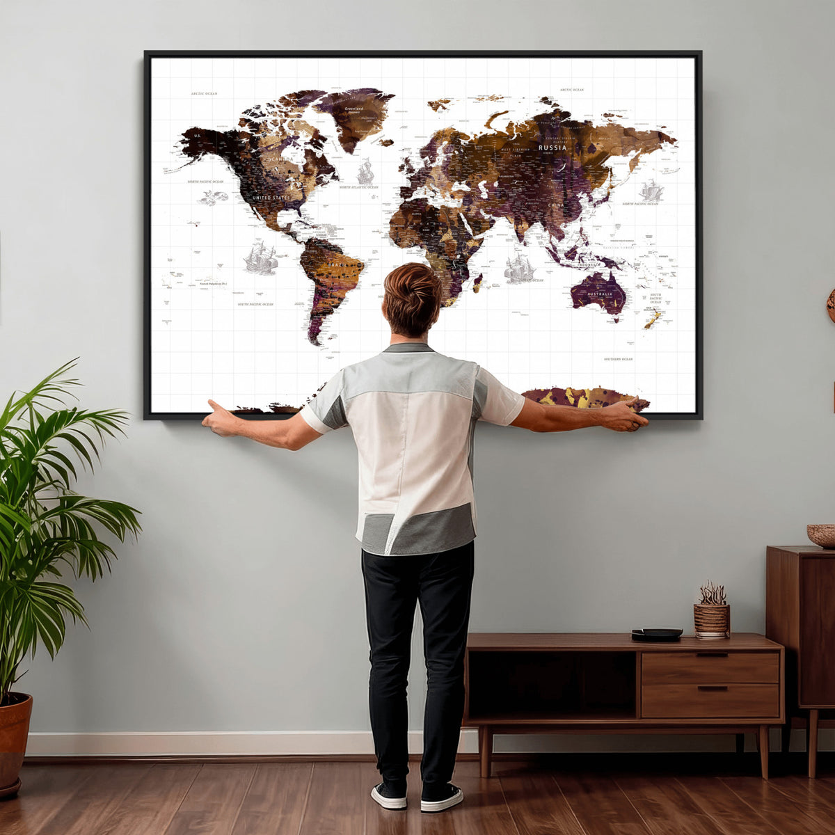 34792695-MGV-CV-36X24 - Rustic World Map Wall Art Canvas Print | Large Vintage Blue World Map on Wood Grain Style Background