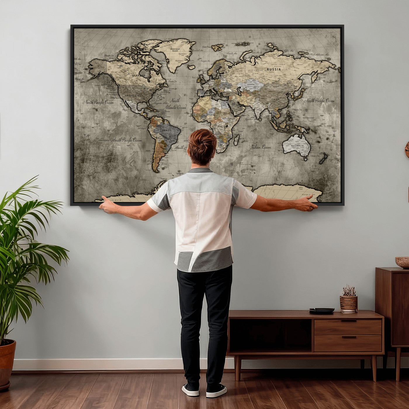 85218700-MGV-CV-36X24 - World Map Wall Art Canvas Print, Modern Decorative Framed Map Artwork Prints for Living Room, Office, Bedroom Wall Decor