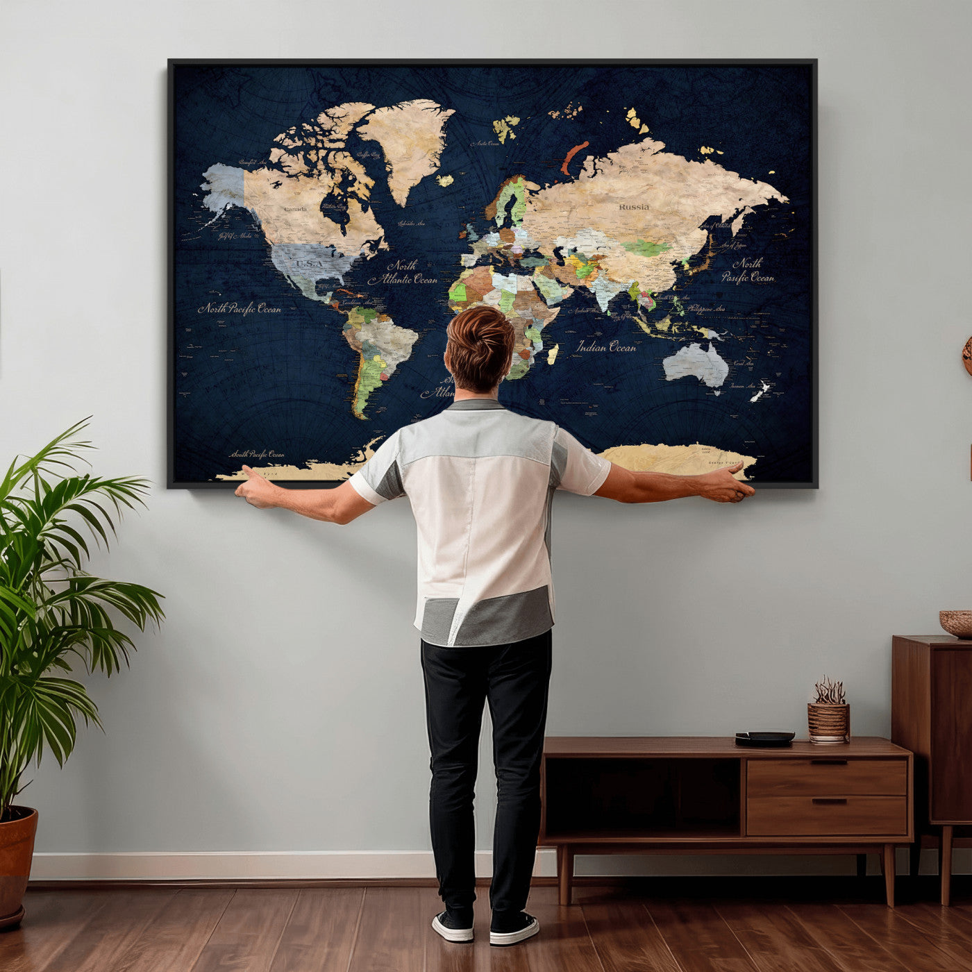 76603563-MGV-CV-36X24 - World Map Wall Art Canvas Print, Modern Decorative Framed Map Artwork Prints for Living Room, Office, Bedroom Wall Decor