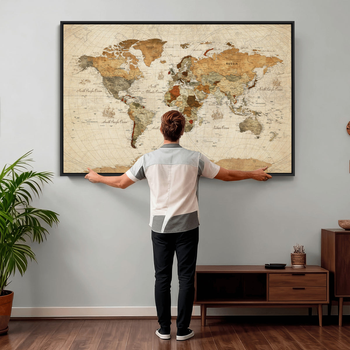 29684537-MGV-CV-36X24 - Vintage World Map Canvas Print, Framed Rustic Detailed Map of the World, Explorer Decor