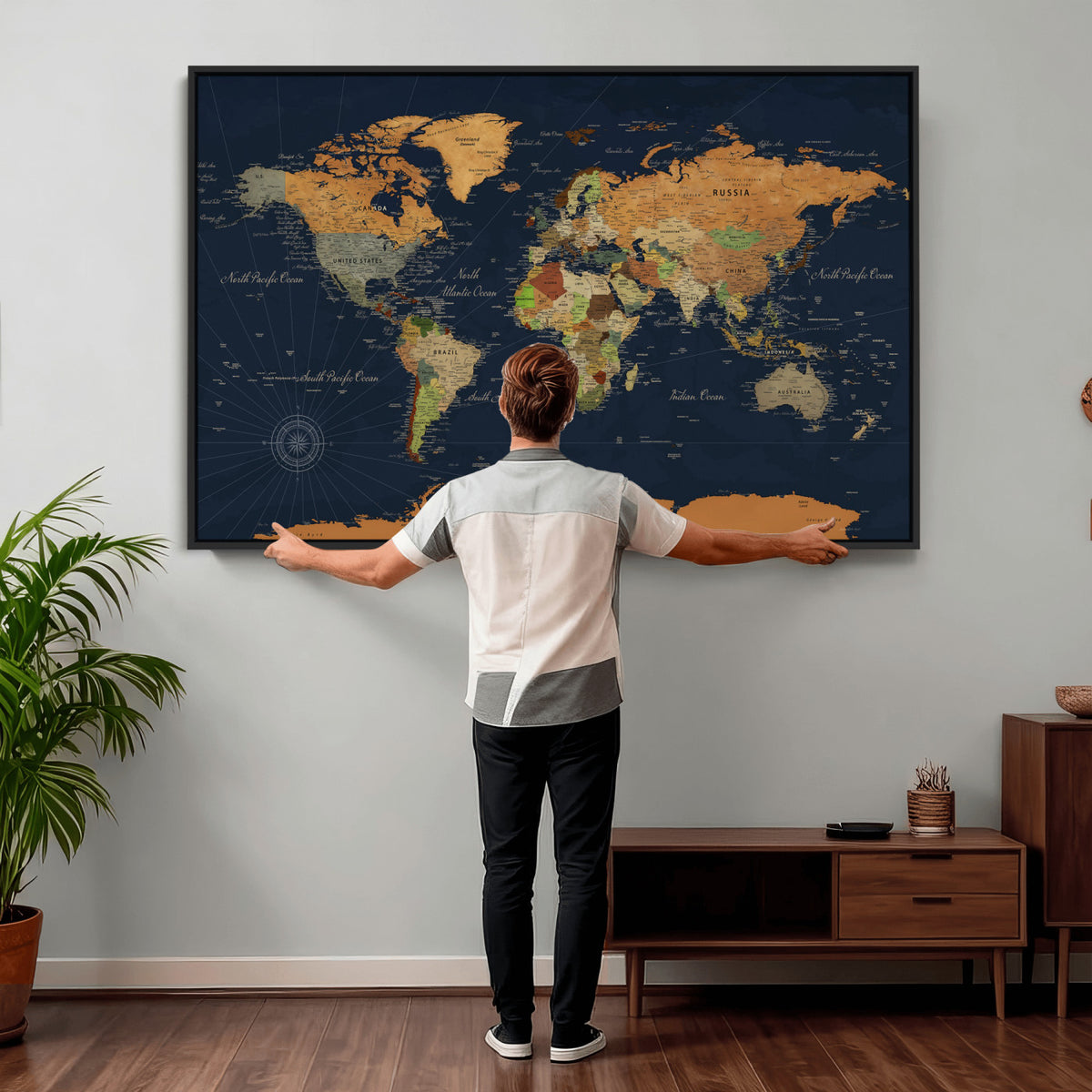11715182-MGV-CV-36X24 - Modern World Map Canvas Print, Framed Detailed Map of the World Wall Art