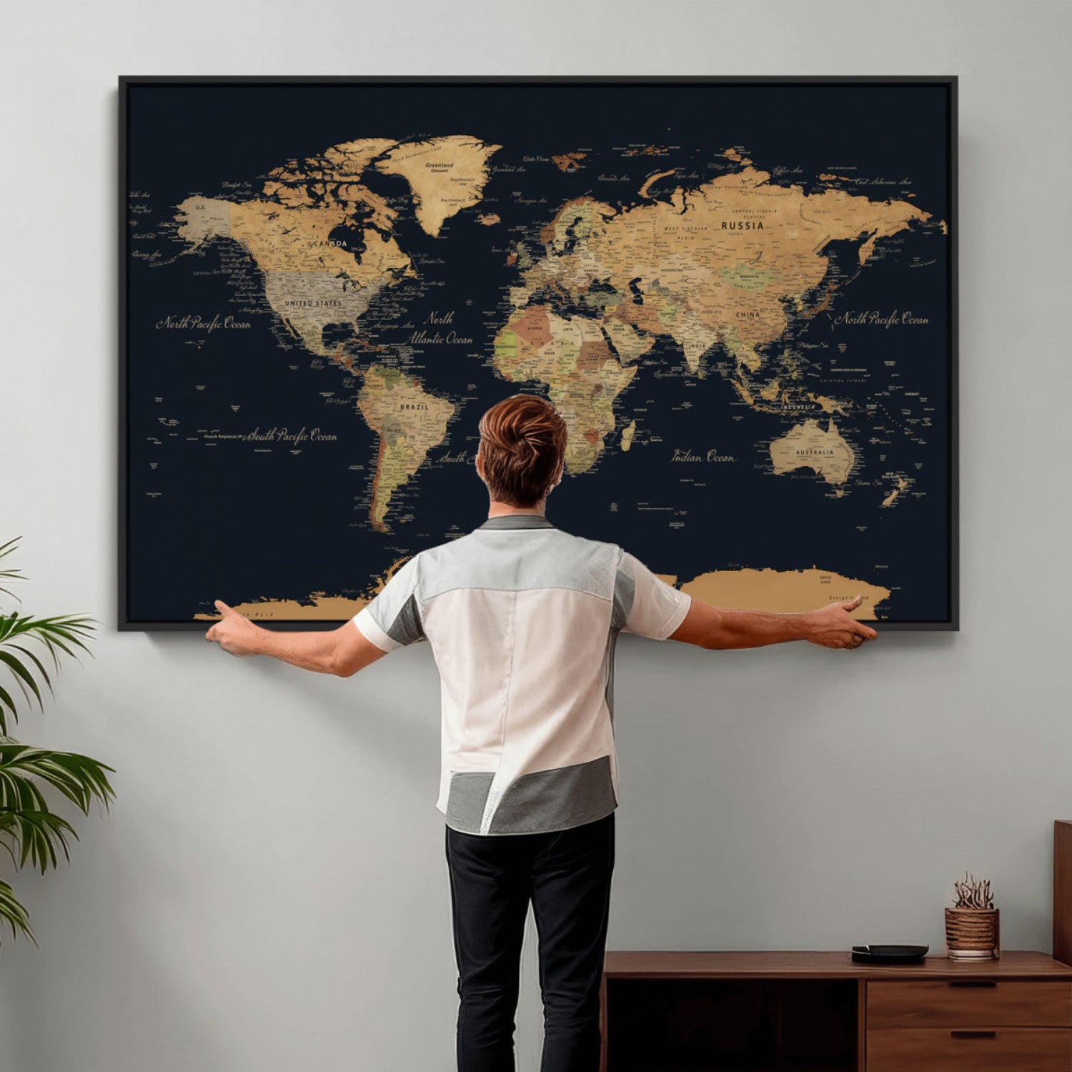 36916368-MGV-CV-36X24 - World Map Wall Art Canvas Print, Modern Decorative Framed Map Artwork Prints for Living Room, Office, Bedroom Wall Decor