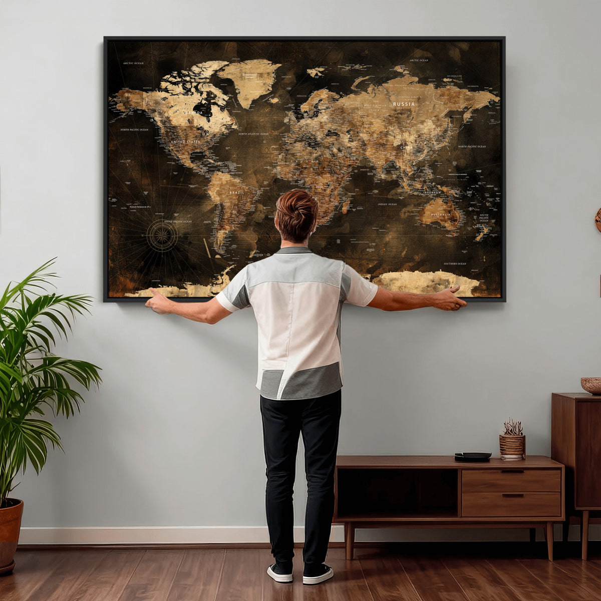 97742922-MGV-CV-36X24 - World Map Canvas Print, Modern Decorative Framed Map Artwork