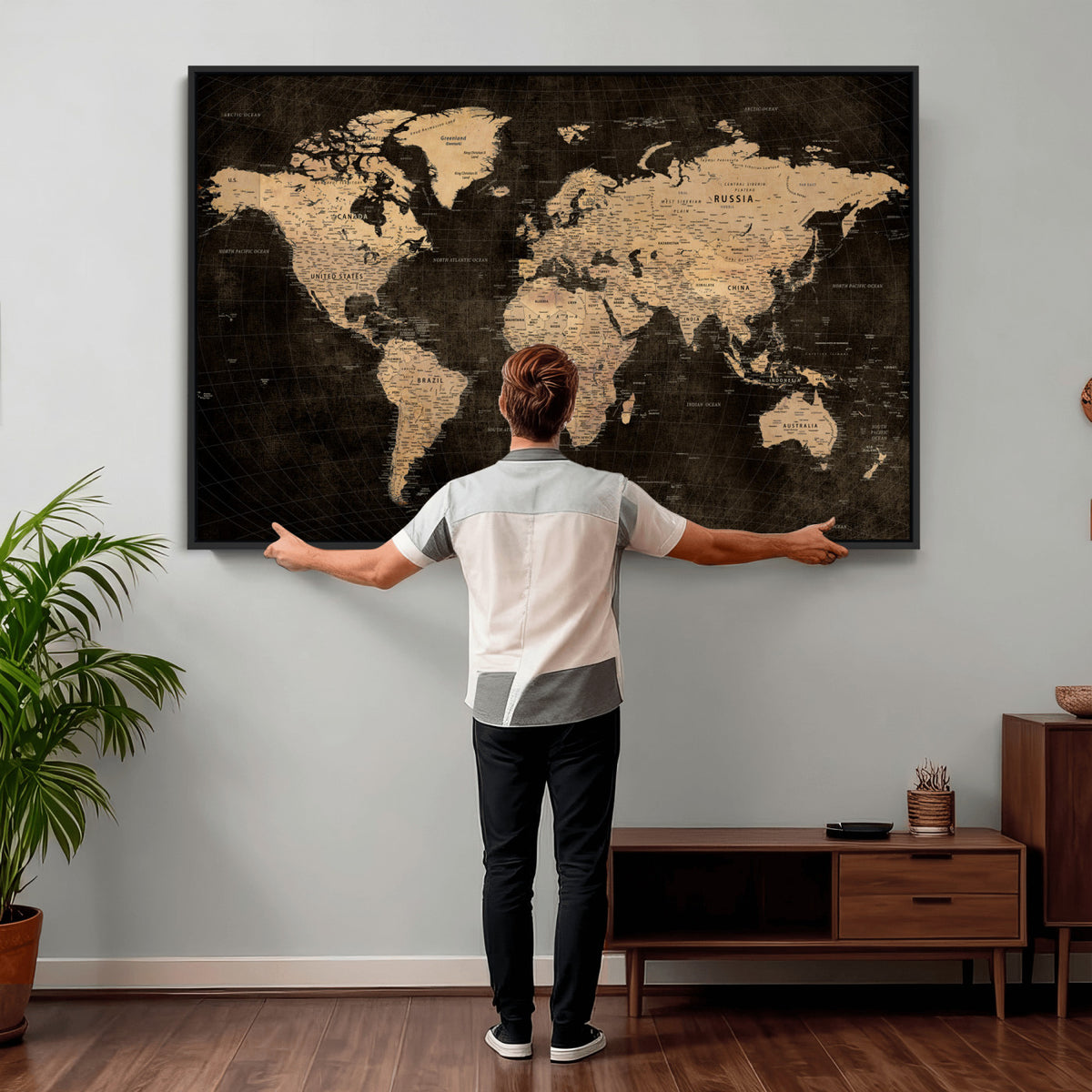 15118265-MGV-CV-36X24 - Brown World Map Canvas Print | Modern Travel Map Wall Art