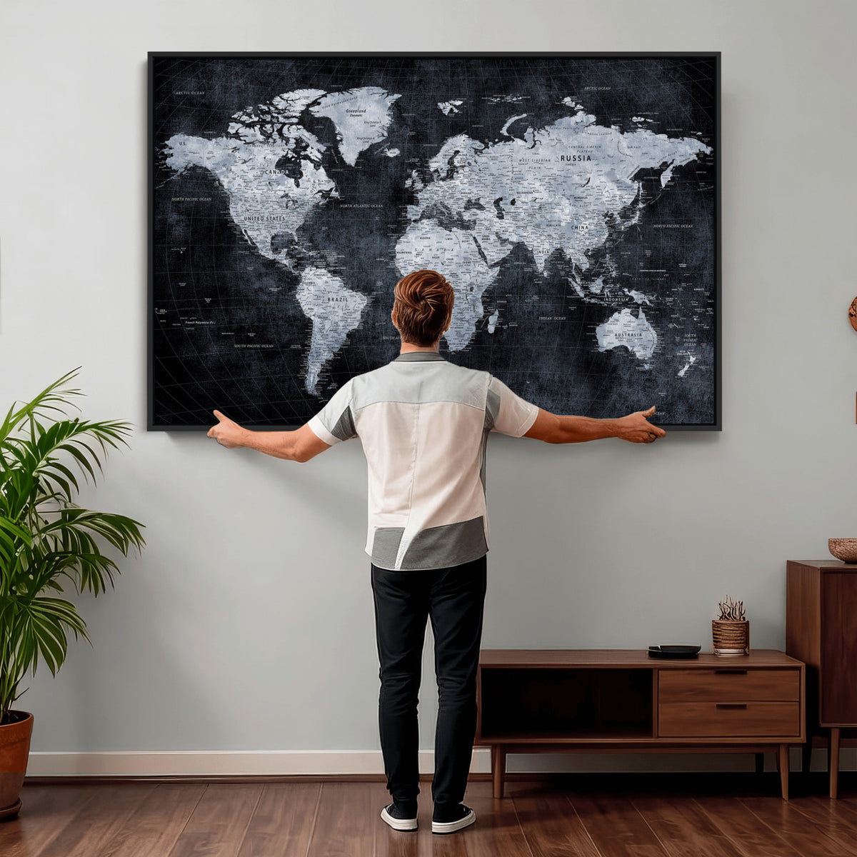 86893704-MGV-CV-36X24 - Black World Map Canvas Print | Detailed Map for Couples and Anniversary Gift