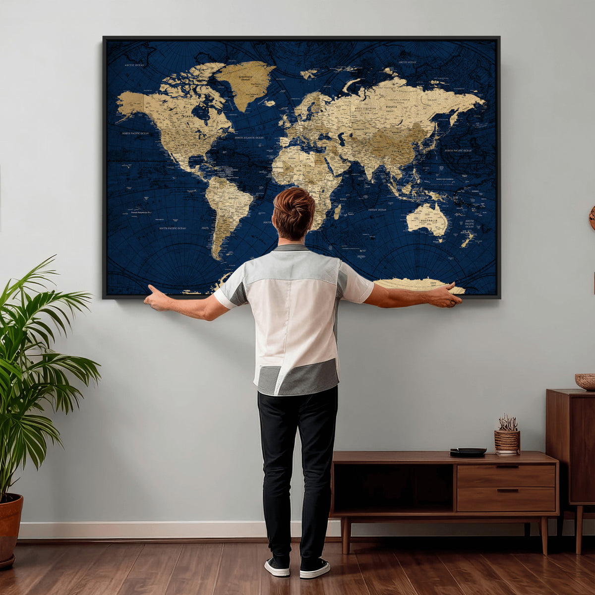 54770746-MGV-CV-36X24 - Navy Blue World Map Canvas Print – Detailed Map Minimal Navy