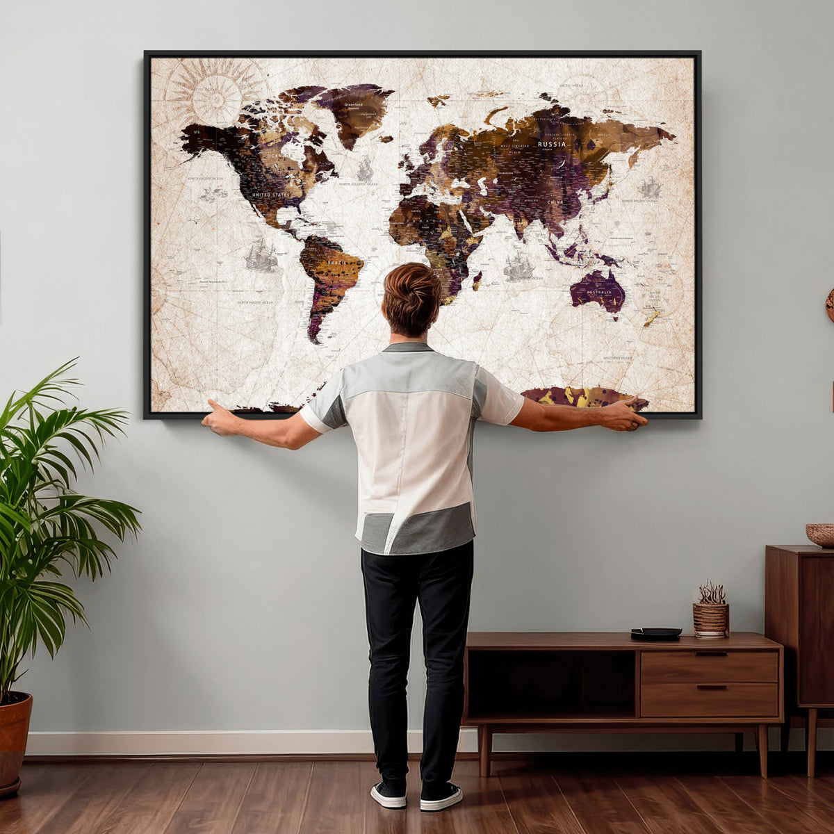 53400857-MGV-CV-36X24 - Blue Watercolor World Map Canvas Print – Framed Modern Wall