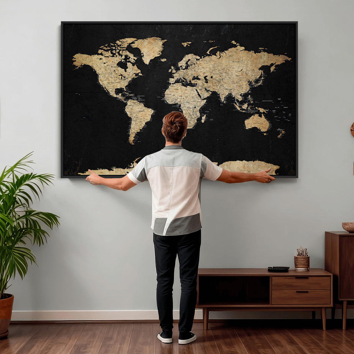 71518849-MGV-CV-36X24 - Beige World Map Canvas Wall Art Print, Minimal Black and