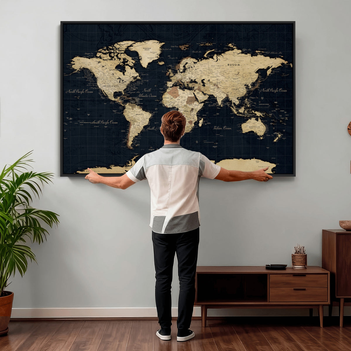 45063434-MGV-CV-36X24 - Dark World Map Canvas Wall Art Print, Minimal Black and Gold Map