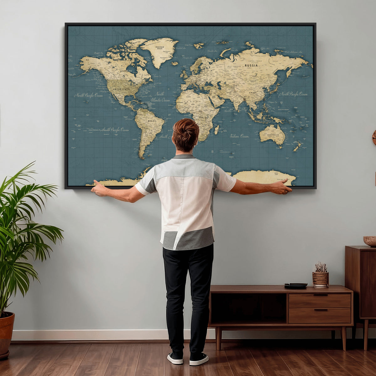 99599383-MGV-CV-36X24 - Minimal Vintage World Map Canvas Wall Art Print, Neutral