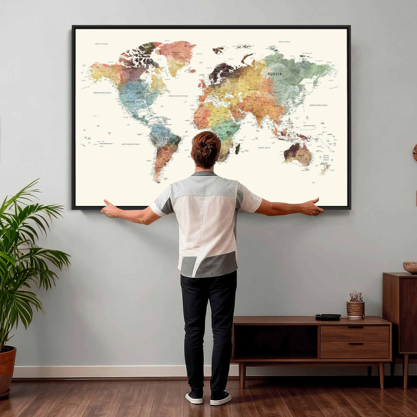 64206059-MGV-CV-36X24 - World Map Wall Art Canvas Print, Modern Decorative Framed Map Artwork Prints for Living Room, Office, Bedroom Wall Decor