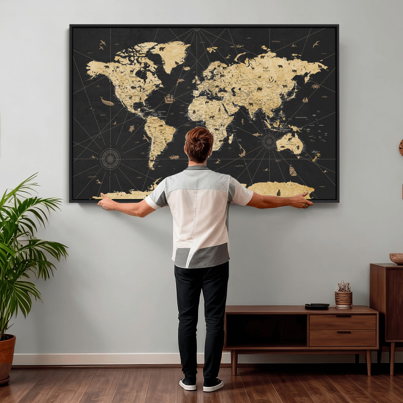 80270976-MGV-CV-36X24 - World Map Wall Art Canvas Print, Modern Decorative Framed Map Artwork Prints for Living Room, Office, Bedroom Wall Decor