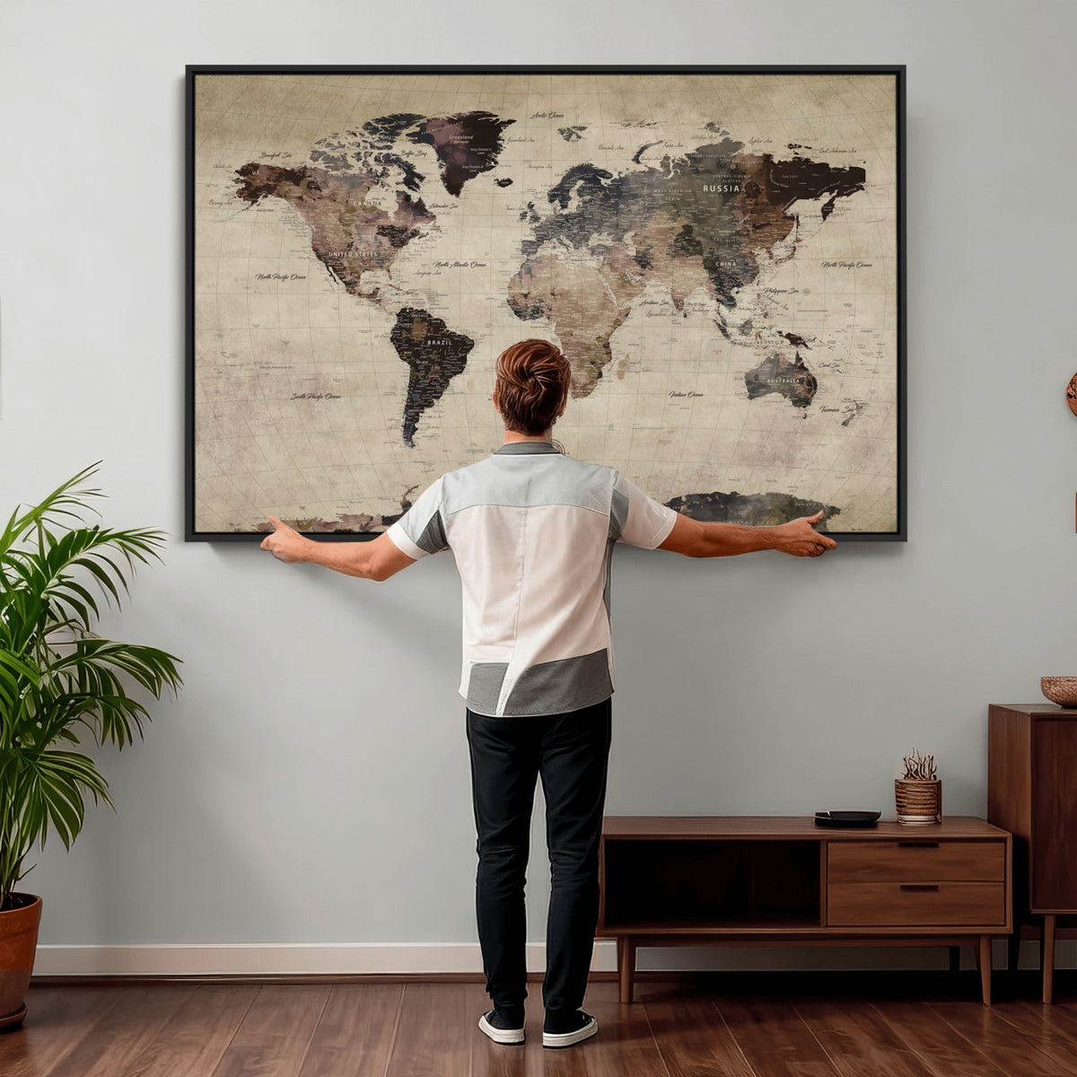 60560672-MGV-CV-36X24 - World Map Wall Art Canvas Print, Modern Decorative Framed Map Artwork Prints for Living Room, Office, Bedroom Wall Decor