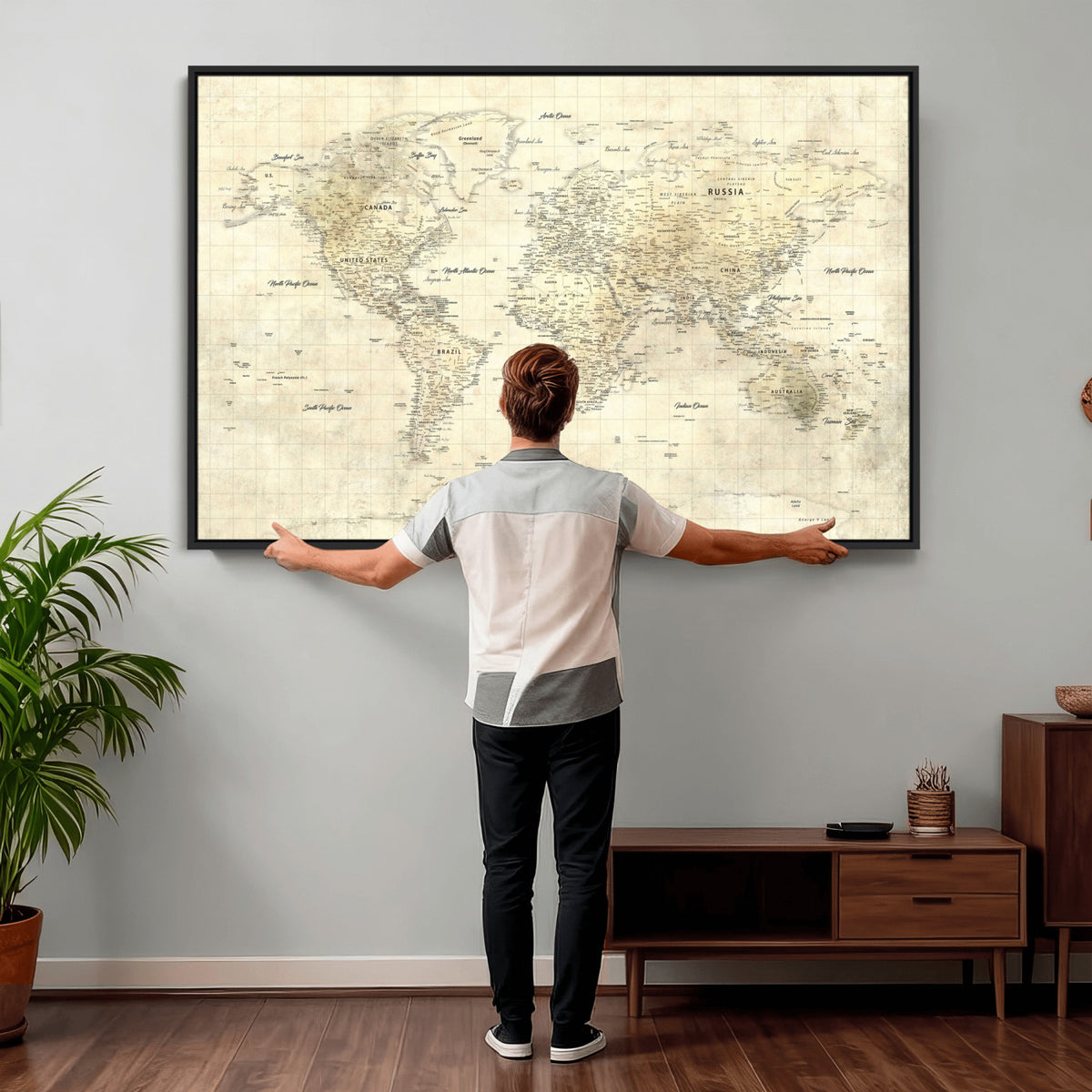 17101439-MGV-CV-36X24 - World Map Wall Art Canvas Print, Modern Decorative Framed Map Artwork Prints for Living Room, Office, Bedroom Wall Decor