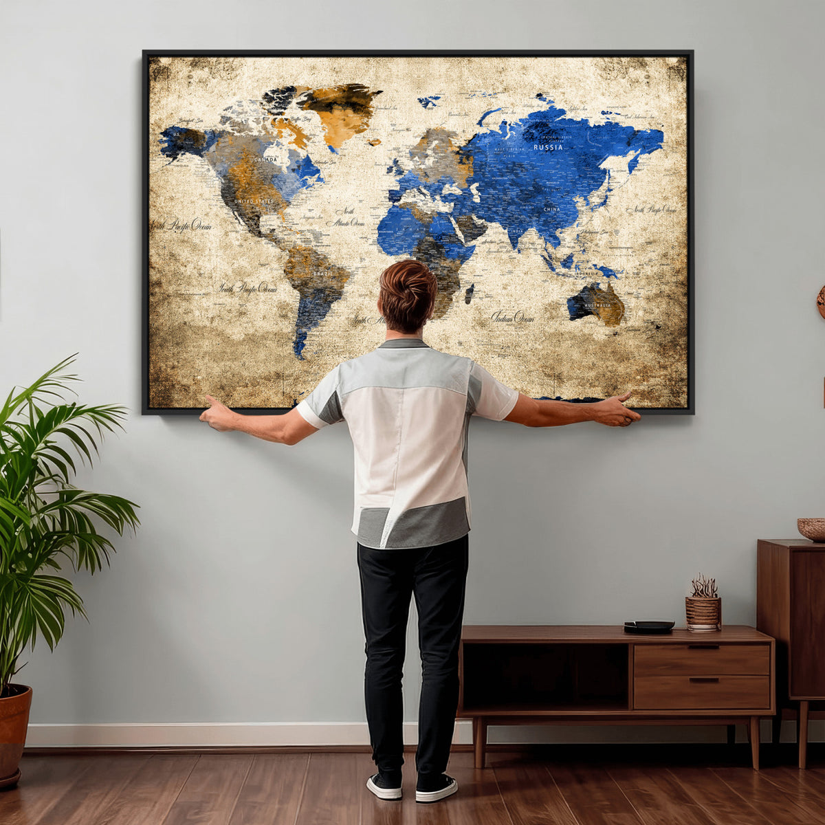 27314341-MGV-CV-36X24 - World Map Wall Art Canvas Print, Modern Decorative Framed Map Artwork Prints for Living Room, Office, Bedroom Wall Decor