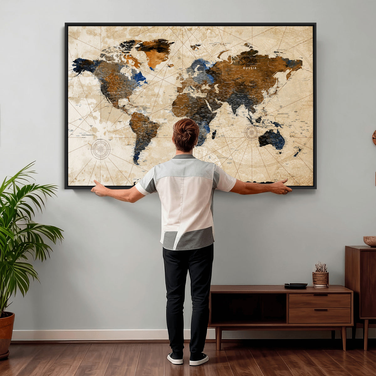 15727090-MGV-CV-36X24 - World Map Wall Art Canvas Print, Modern Decorative Framed Map Artwork Prints for Living Room, Office, Bedroom Wall Decor