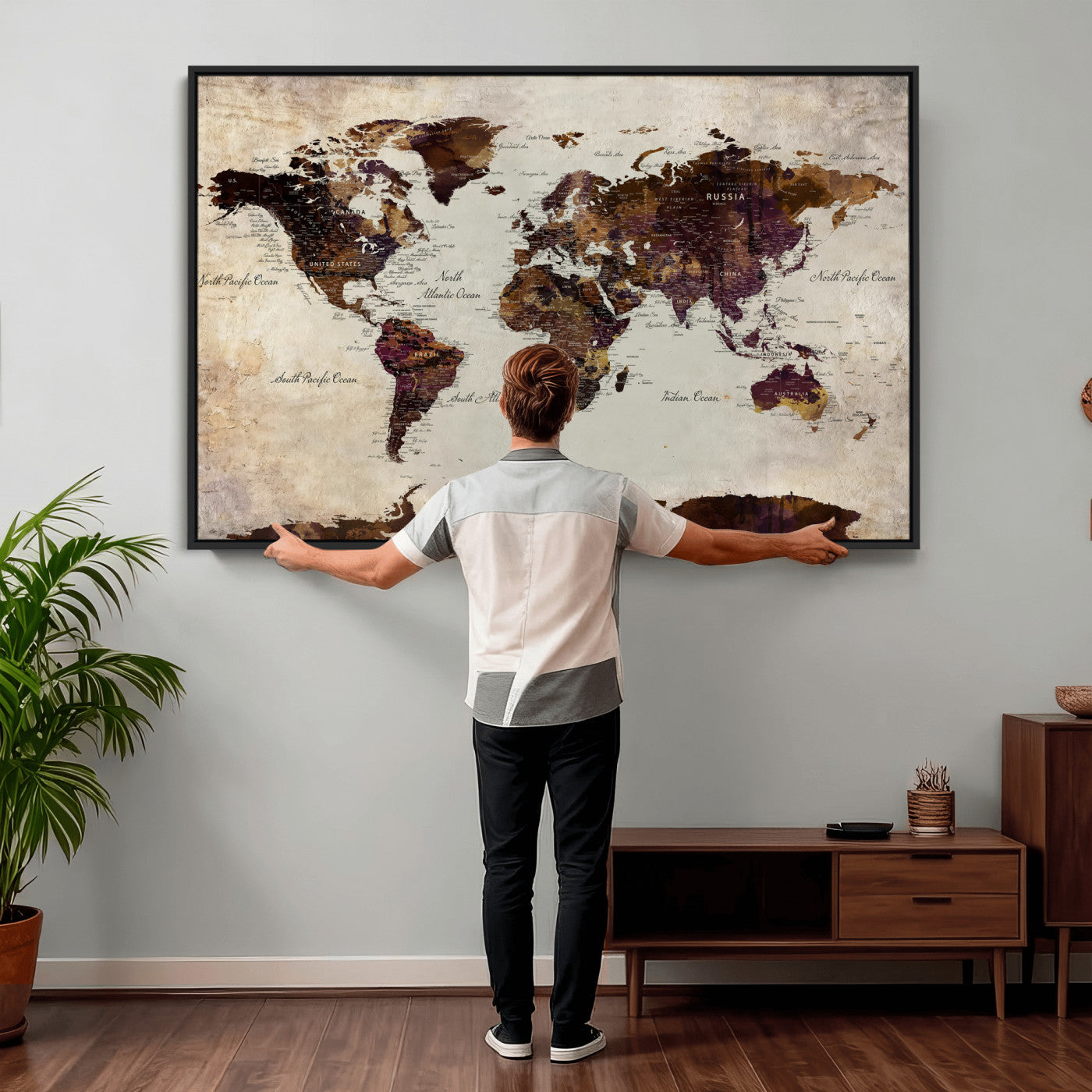 50611123-MGV-CV-36X24 - World Map Canvas Triptych – Colorful Global Wall Art for Living Rooms, Offices, and Study Spaces