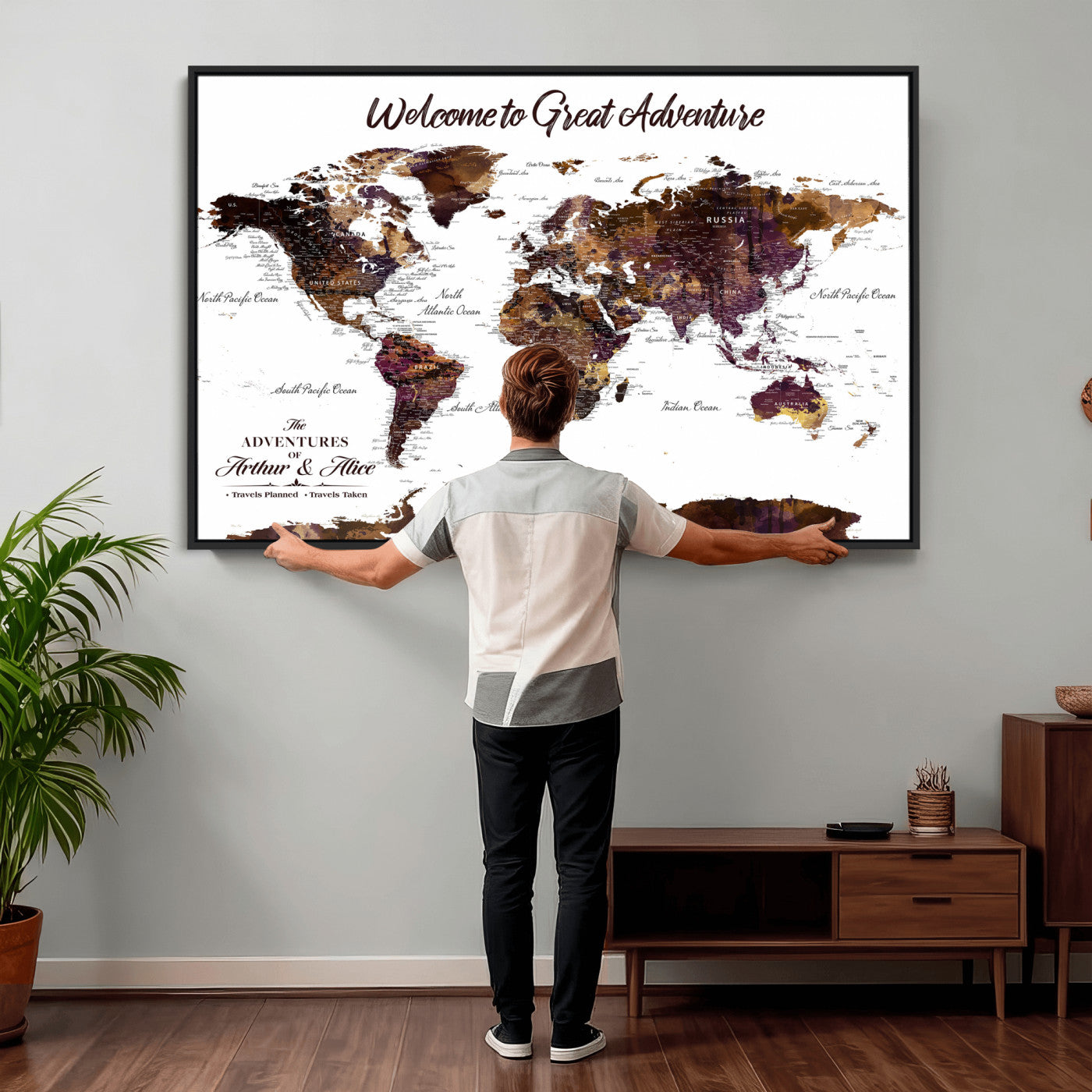 64110391125-MGV-CV-36X24 - Custom Push Pin World Map Wall Art Canvas Print – Personalized Travel Tracker with Pins Framed Large for Home and Office Decor