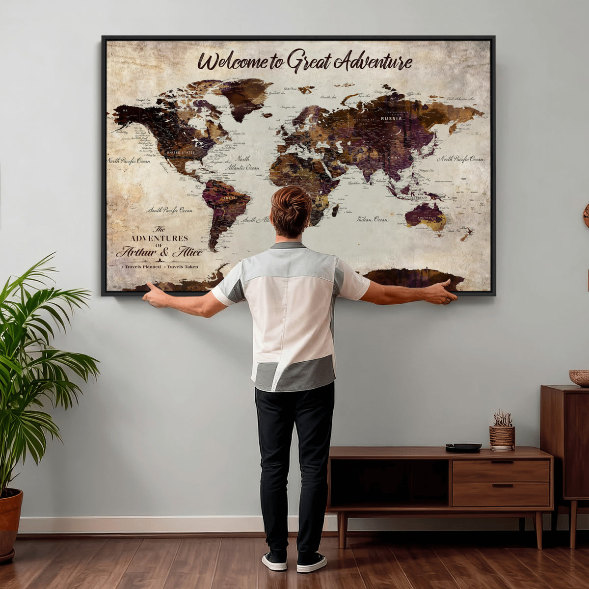 64110391126-MGV-CV-36X24 - Custom Beige World Travel Map Wall Art with Pins, Places Visited Tracker, Family Room and Entryway Decor
