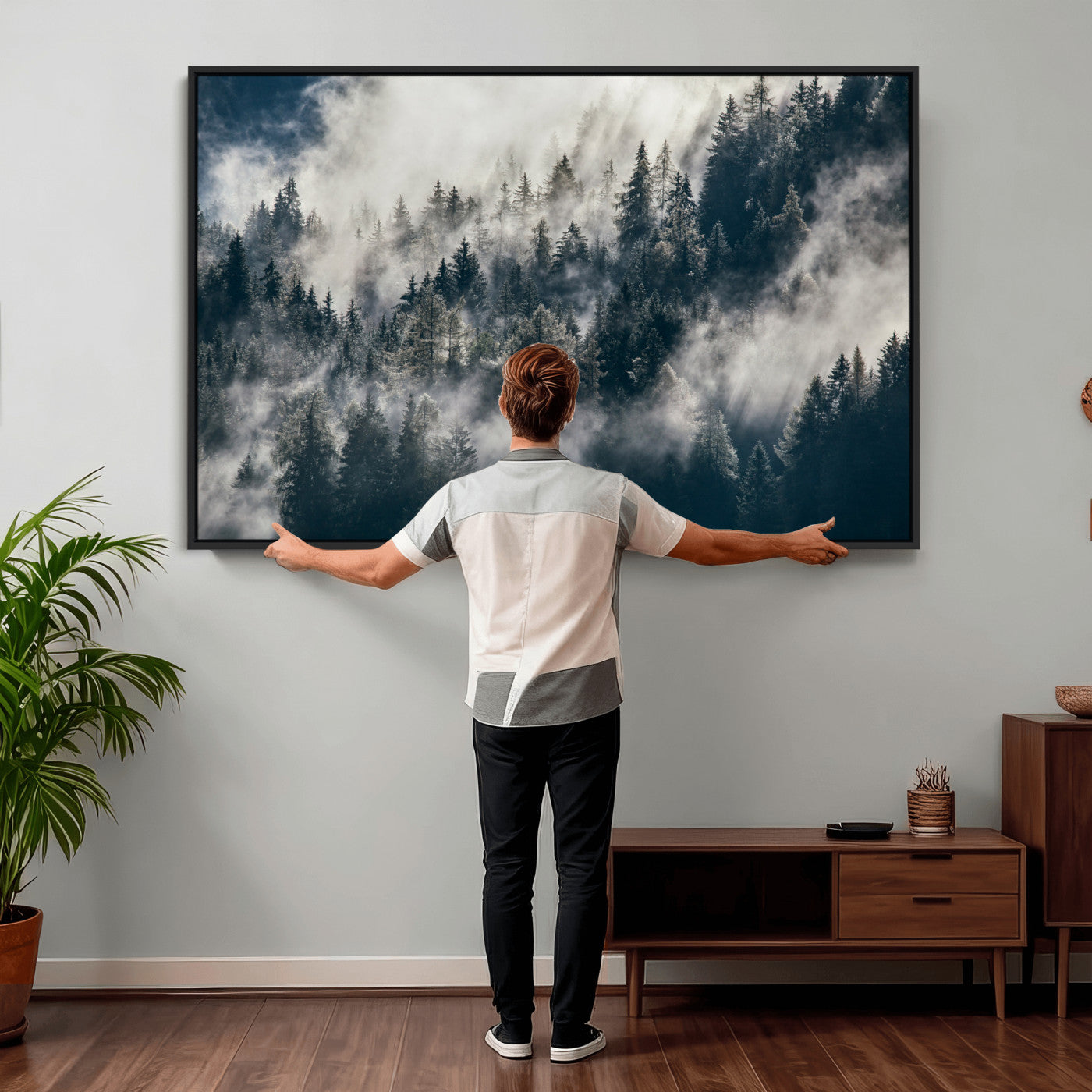 63405824-MGV-CV-36X24 - Foggy Mountain Forest Canvas Print, Misty Pine Trees Nature Wall Art, Framed Canvas Ready to Hang