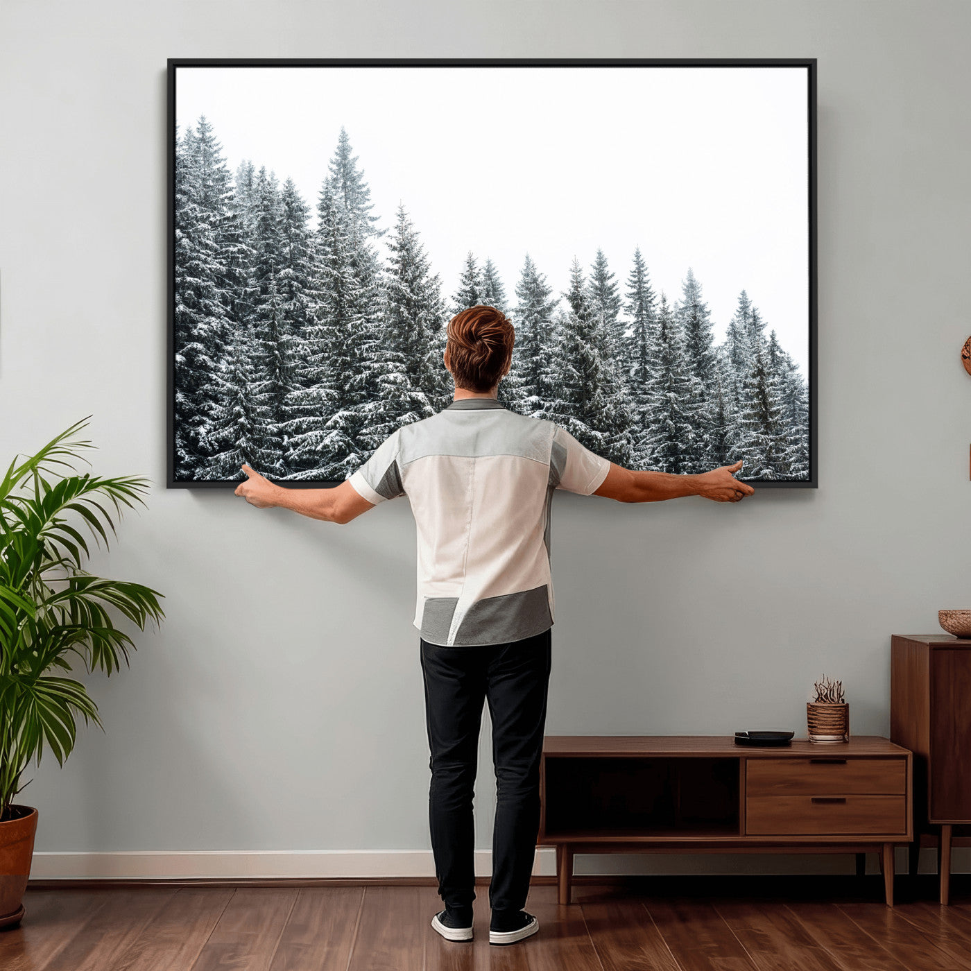 69566941-MGV-CV-36X24 - Misty Mountain Forest Canvas Print, Foggy Pine Trees Nature Wall Art, Framed Canvas Ready to Hang